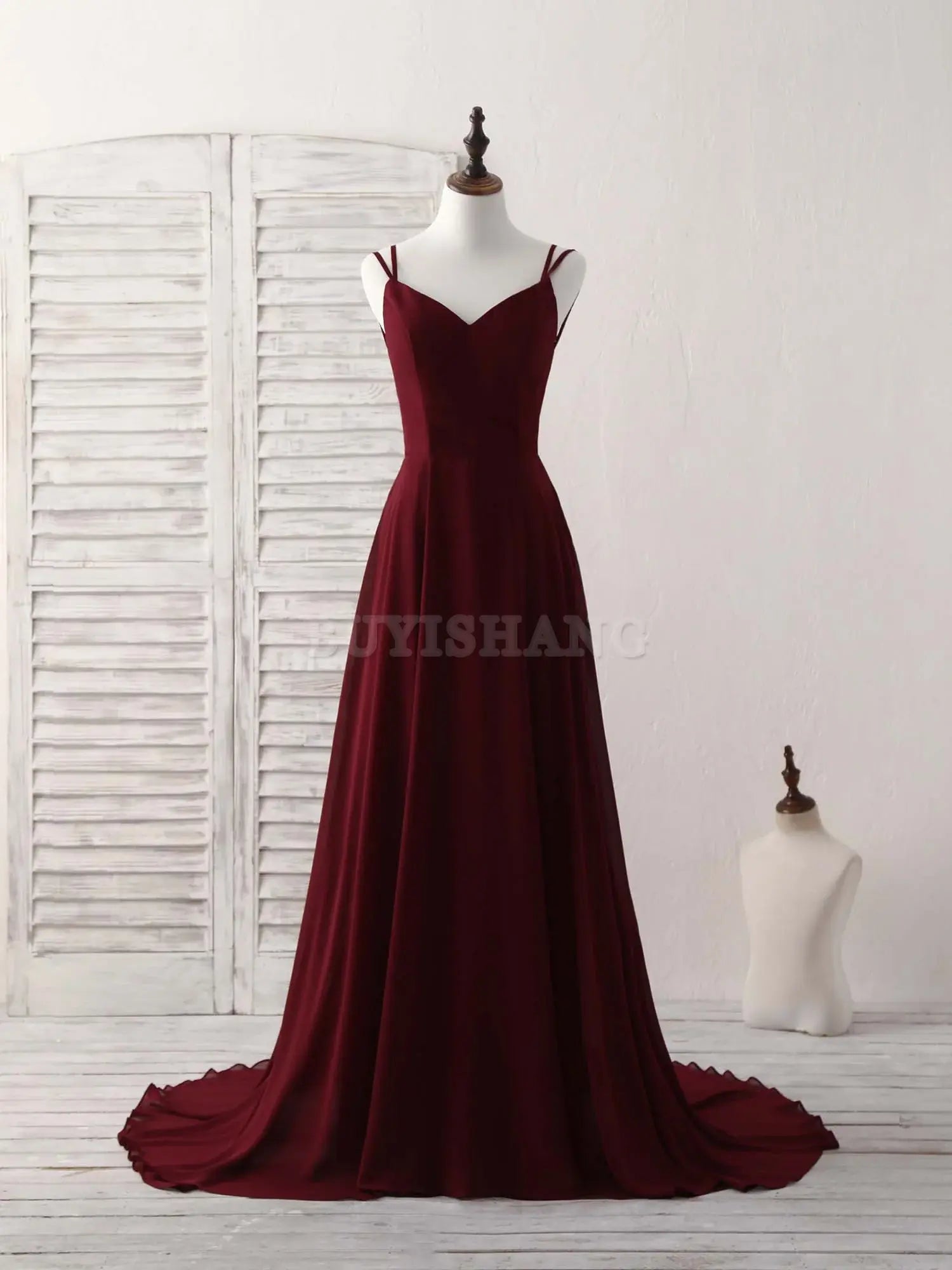 Buyishang Simple Burgundy Chiffon Long Prom Dress Backless Evening Dress Bridesmaid dress shop